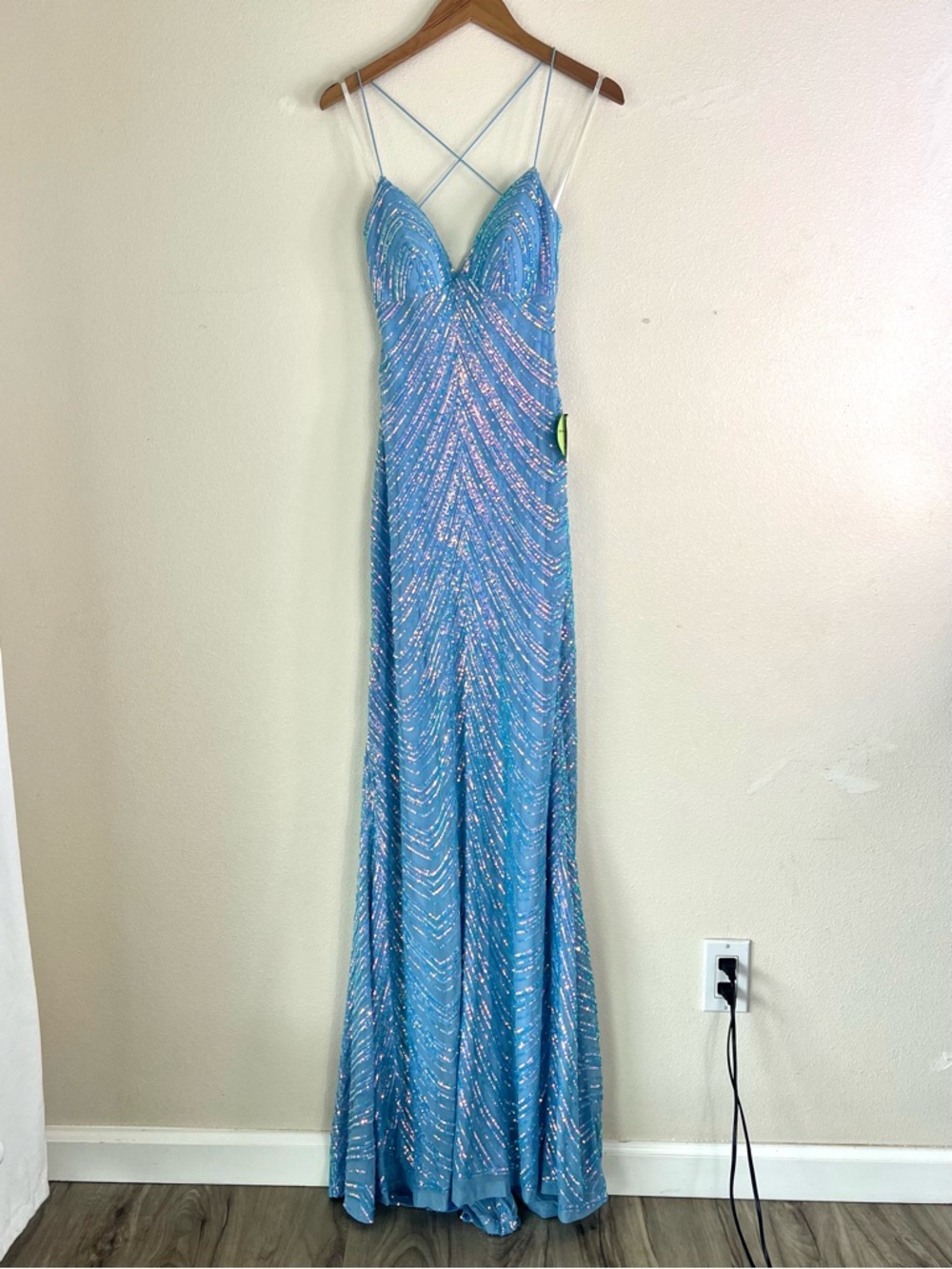 NEW Windsor Blue Sequin Mermaid Gown with Spaghetti Straps Open Back Large - Picture 5 of 11
